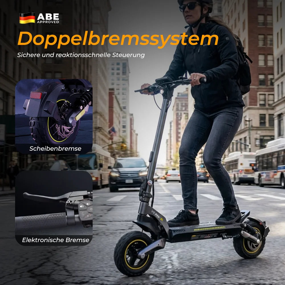 V5Pro Offroad E-Scooter 10 Zoll ABE zertifiziert 500W 48V12.5Ah Geländereifen Dual Federung E-Bremse Voltix APP Deutschland