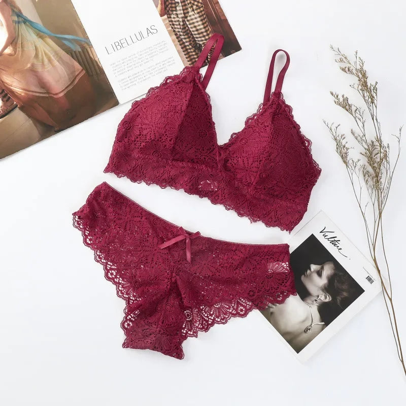 Damen Push-up BH Set Sexy Dessous Geblümte Spitze Kabelloser Bralette Niedriger Bund Höschen Sexy Slips Damen Unterwäsche Intimates