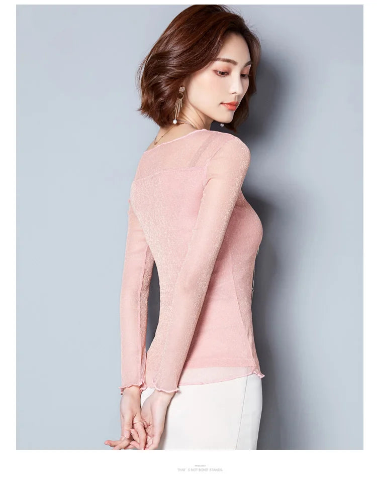 Glitzer-Netzbluse Sexy Damen Shirts Langarm-Oberteile Koreanisch Schwarz Pink O-Neck Elegante Slim Bluse Camisas Femininas
