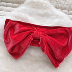 SINGREINY Weihnachten Erotische Dessous Anzüge Damen Trägerlos Eng Anliegend Kurze Nachtwäsche Mode Samt Schleife Sinnliche Unterwäsche Sets