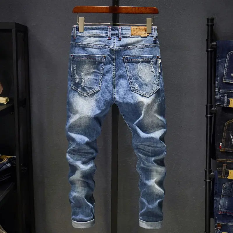 American Elastic Straight Jeans Men Ripped Worn-out Slim-fit Cotton Denim Pants Korean Style Fashion Blue Black Men's Clothing