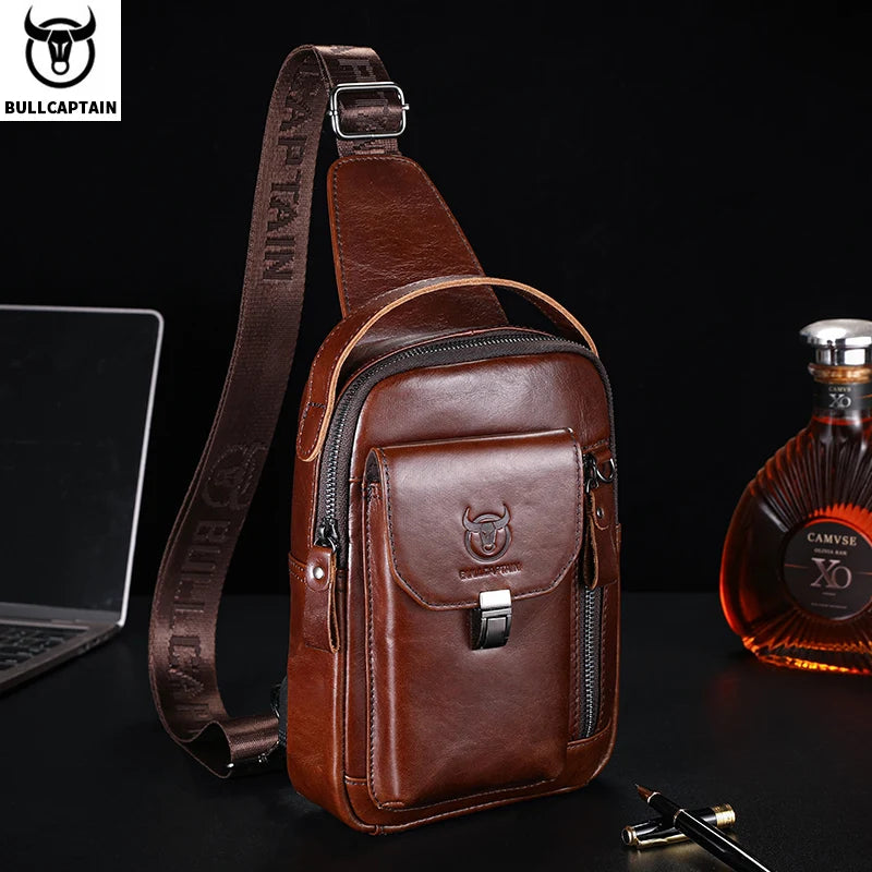BULLCAPTAIN Men's Genuine Leather Chest Bag Casual Retro 7.9-inch Mobile Phone Bag Multifunctional Anti-Theft Crossbody Bag Hauptbild