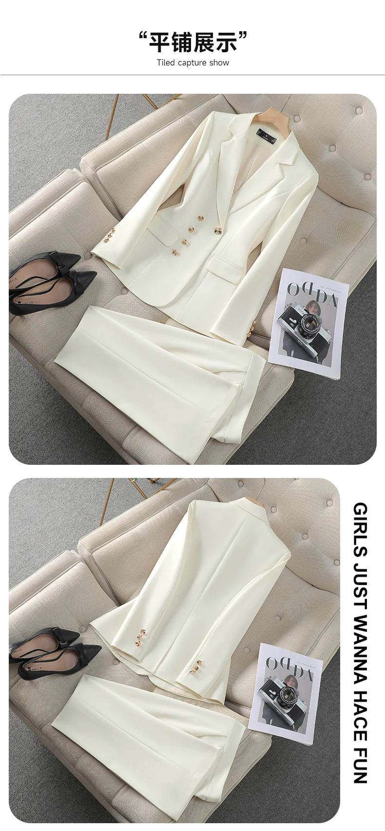 NAVIU Neu 2024 Damen Hosenanzüge Rosa Blazer und Jacken Set Büro Damen Arbeits Business Uniform Weiblicher Hosenanzug OL Stil Beige