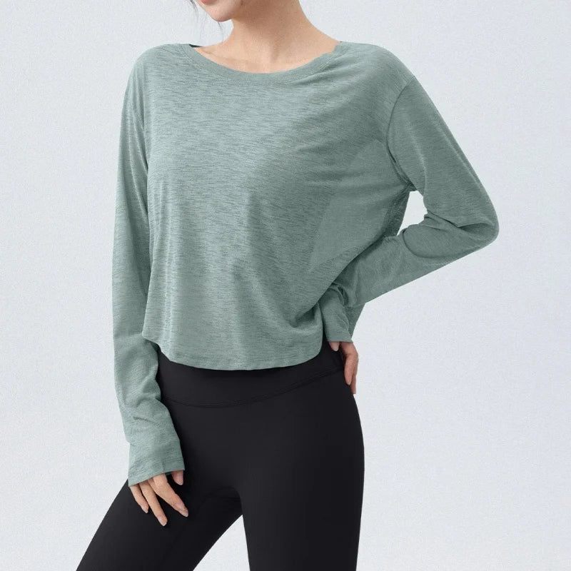 DRUR Damen Langarm Yoga T-Shirts, lockere Passform Sport Fitness Crop Tops lässig leichtes dünnes Shirt für Fitnessstudio Straße Reisen