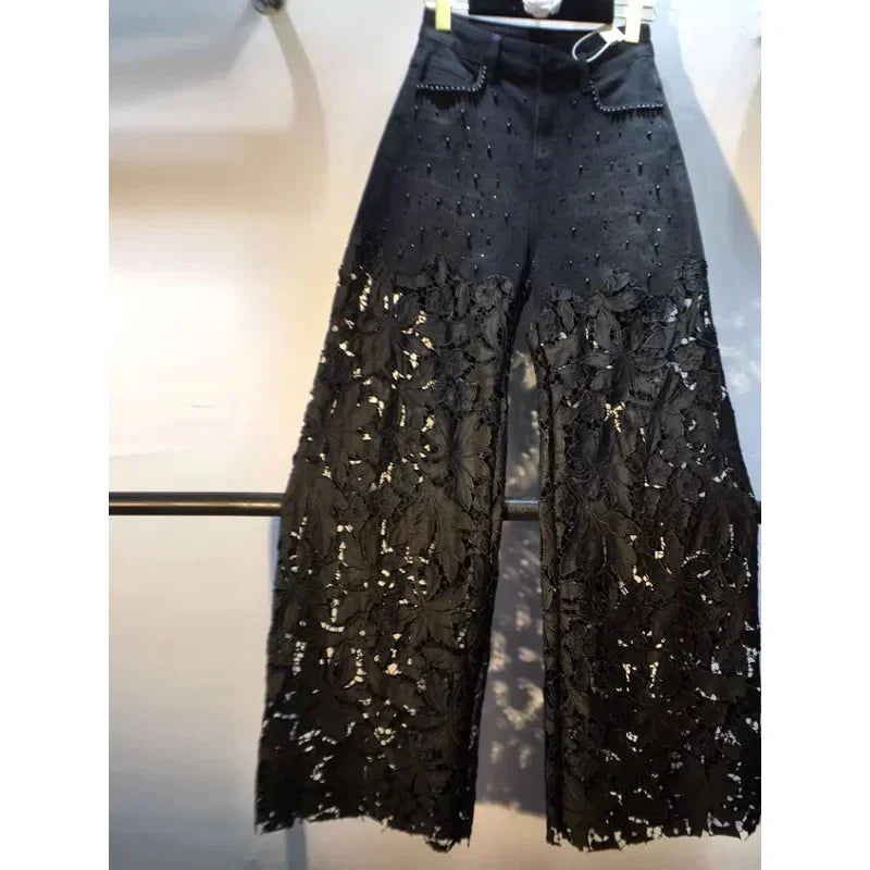 Neue Sommer Denim Patchwork Hakenblume Aushöhlen Spitze Gerade Weite Hose Casual Hohe Taille Schwere Stickerei Strass