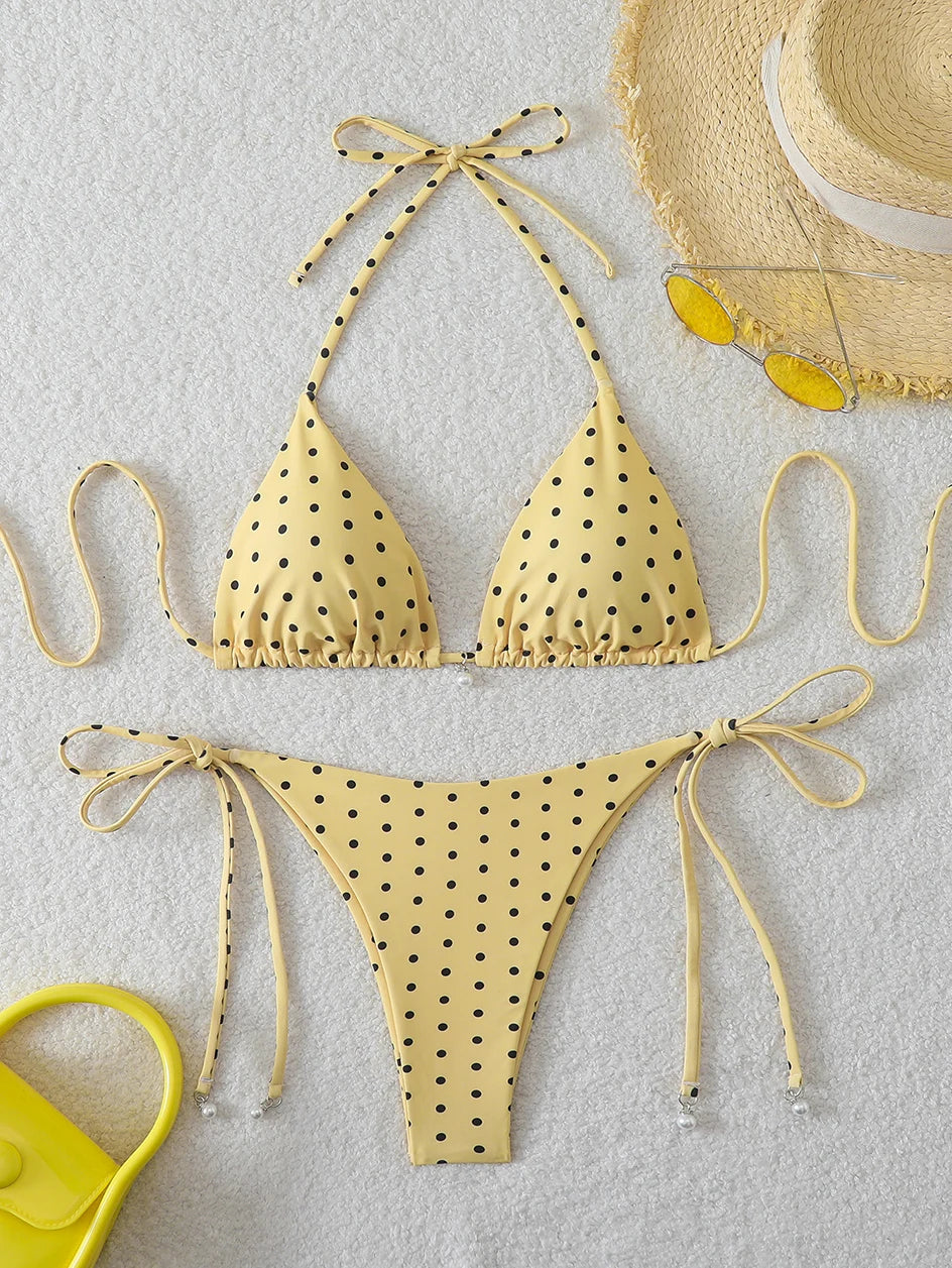 Sexy Micro-Bikini-Sets mit Perlenpunktdruck, Bademode 2026, Badeanzug für Damen, Strandkleidung, Damen Strand Sommer Bikini, zweiteiliger Badeanzug