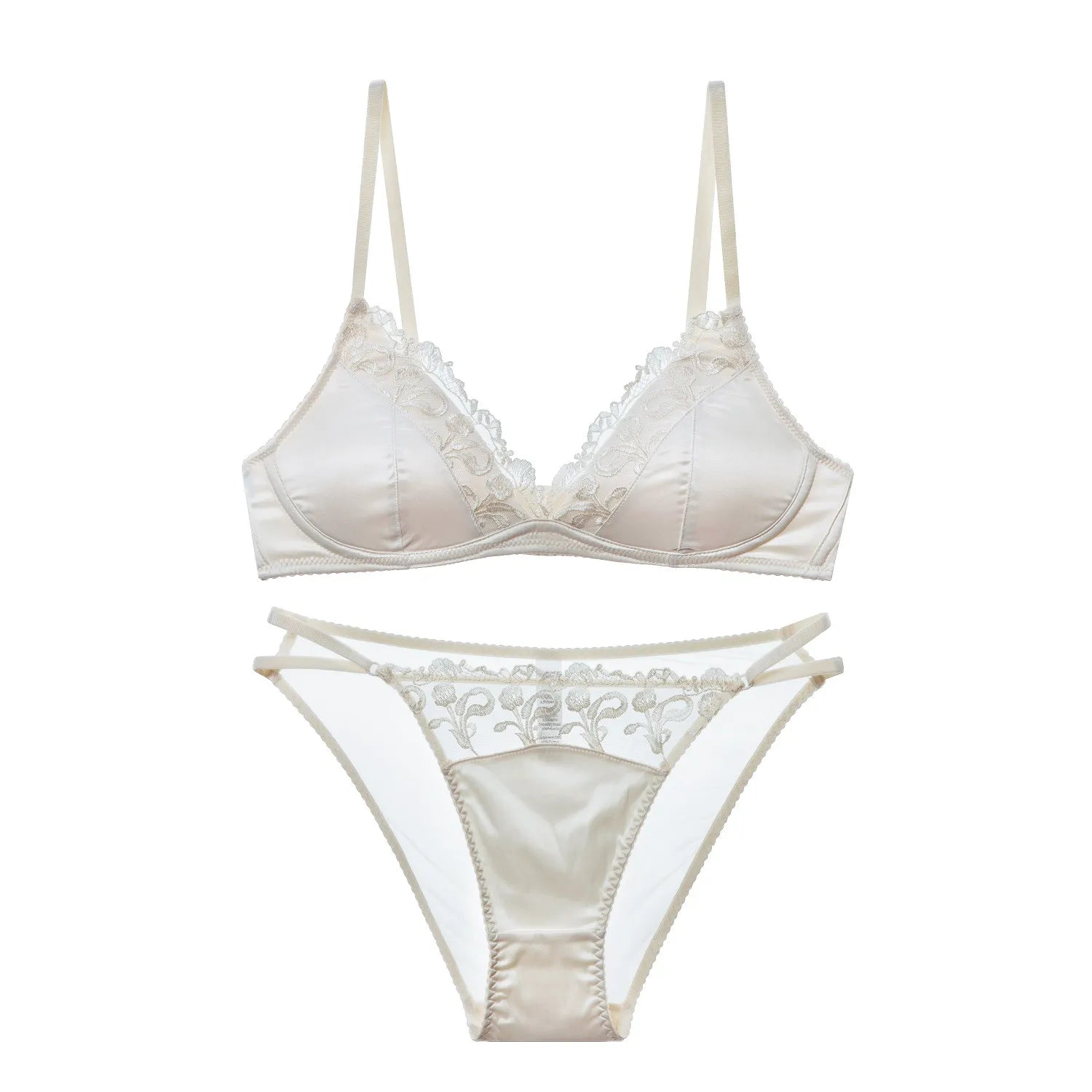 Französisches Dessous-Set für Damen, dünner, bügelloser Triangel-BH, Spitze & Stickerei-Design