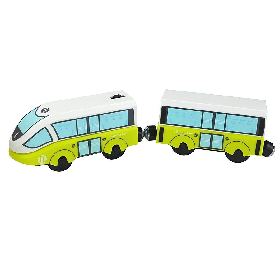 Magnetischer elektrischer Zug Lokomotive Holzeisenbahn Schlitz Diecast Eisenbahn mit zwei Waggons Zug Holz Kinderspielzeug Biro Leduo Strecke