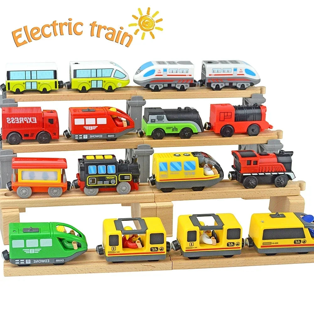 Holz-Lokomotive, magnetische elektrische Eisenbahn-Spielzeuge, passend für Biro-Holz-Druckguss-Schlitz-Eisenbahnstrecke, pädagogisches Spielzeug für Kinder Zweitbild