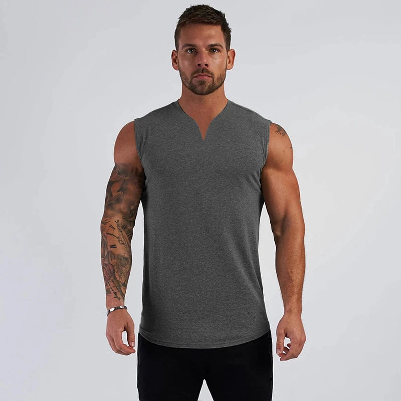 Sommer Baumwolle atmungsaktive V-Ausschnitt Tank Tops Fitnessstudio Workout Laufen Sport Ärmelloses Shirt Herren Fitness Bodybuilding Muskelbekleidung