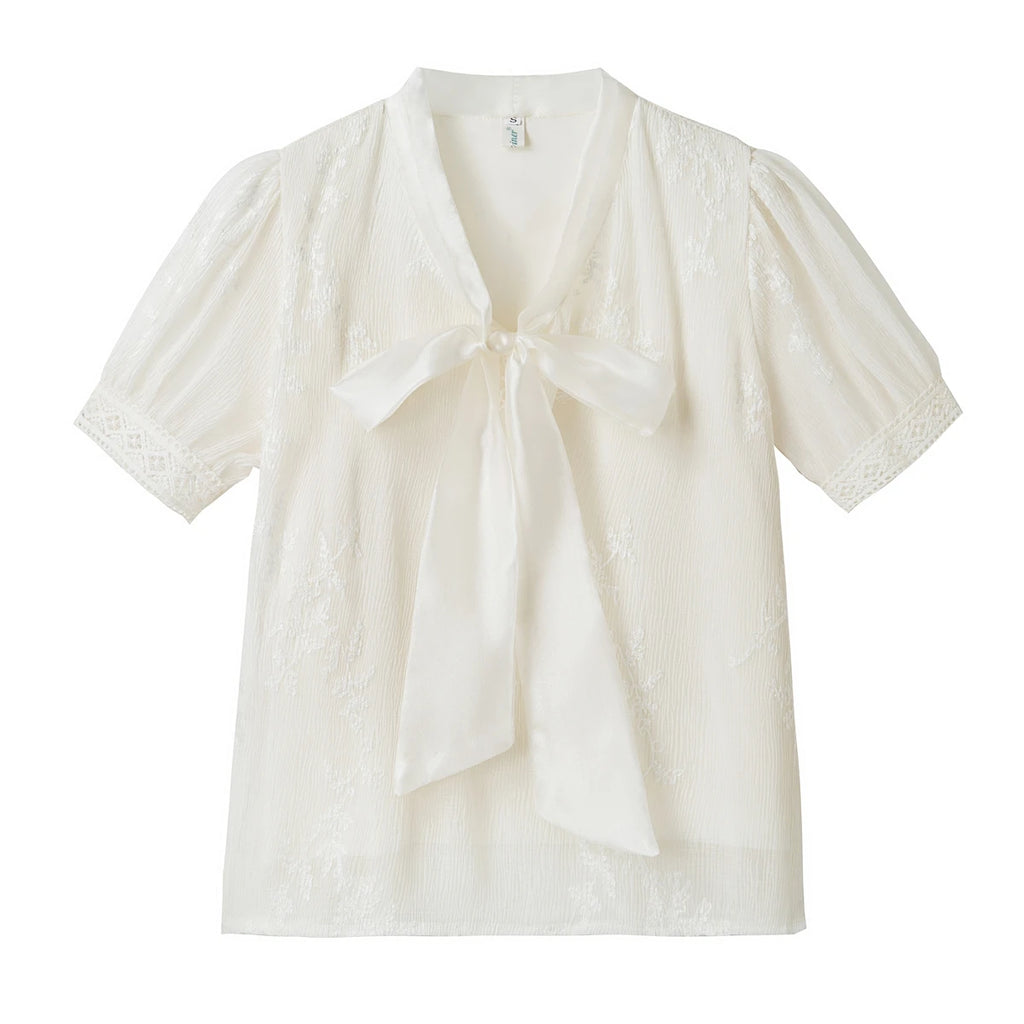 Blusen Hemden Damen Bluse Hemd Neu Sommer Schleifenkragen Stickerei Bluse Hemd Damen Oberteile Kurzarm Blusas Para Mujer Q4102