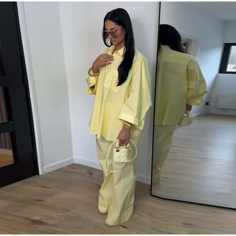 Damen Anzug mit Revers, langen Ärmeln, chic, einreihig, weites Bein, lange Hose, Sets 2026, lässiges, lockeres Outfit für den Alltag