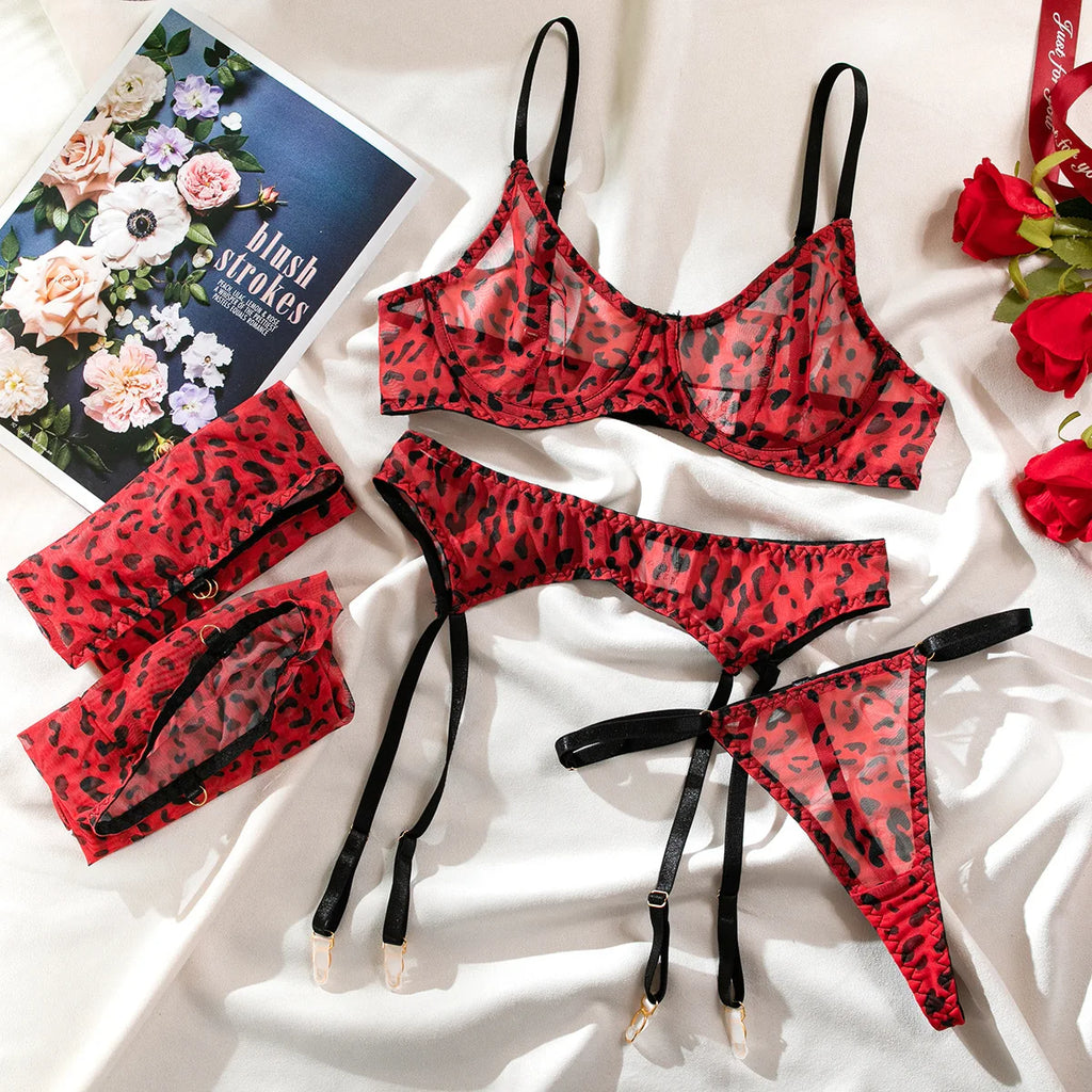 Sexy rosa Leoparden-BH-Handschuhe Beinsocken Dessous-Set Damen Perspektive Bequemes Mesh Exotische Kleidung Unterwäsche Anzug