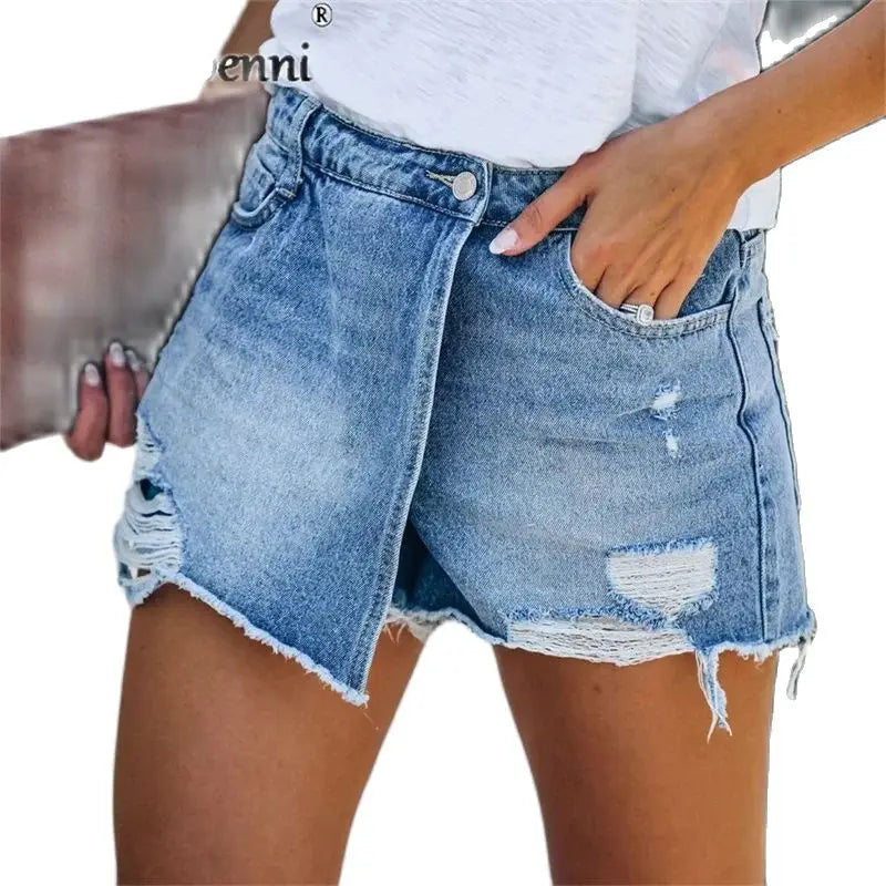 2024 Sommer neue Damen Ripped Repaired Denim Shorts Hohe Taille Bodycon Distressed Hole Bottoms Lässige Taschen Sexy Kurze Jeans