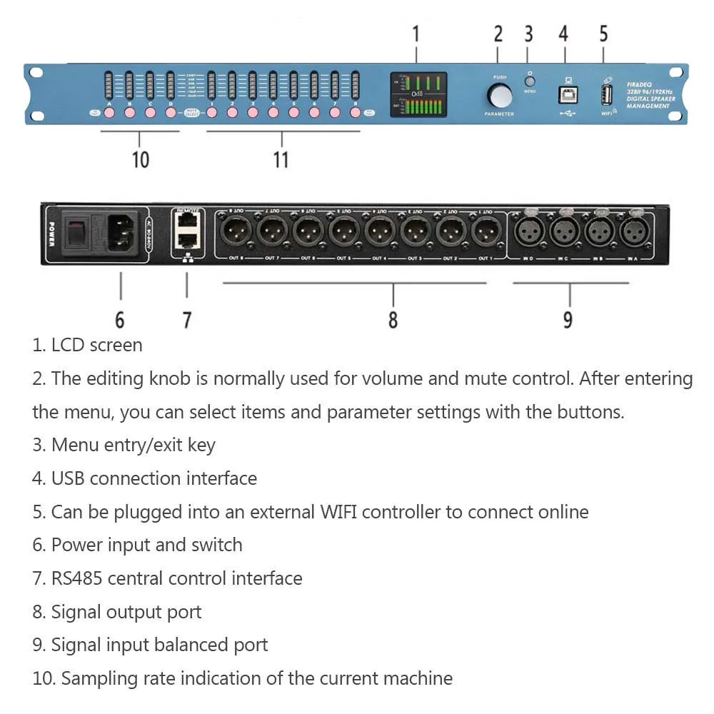 DP48X Professioneller Digital-Audioprozessor 4 Eingänge 8 Ausgänge Drive Rack Prozessor mit RIR DEQ 192KHZ Lautsprechermanagementsystem