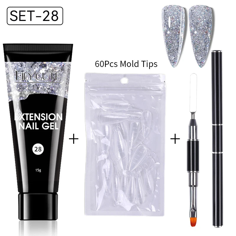 LILYCUTE 15ml Verlängerungsgel-Nagellack-Set Quick Nail Prolong mit Verlängerungsform-Nagelspitzen Acryl-Lösung Maniküre-Werkzeug-Kit