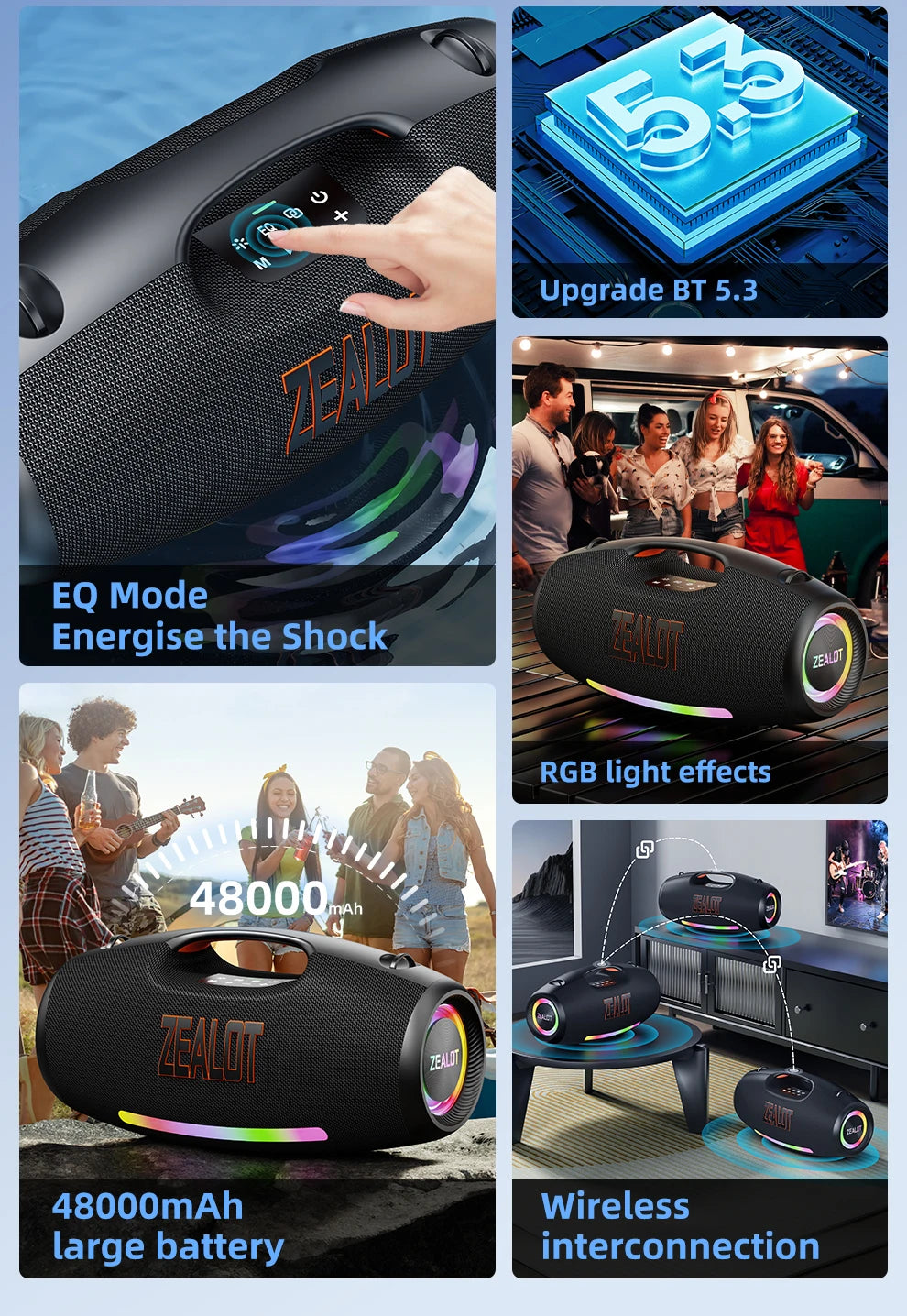 ZEALOT-S89 250W Wasserdichter tragbarer Bluetooth-Lautsprecher, kabelloser Outdoor-Boombox-SubwooferDreifach passive Radiatoren-Tiefer Bass