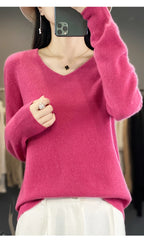 Damen 100% Merinowolle Pullover V-Ausschnitt Basic Pulli Herbst Winter Kaschmir Kleidung Langarm Weiche Strickware Oberteile Unifarben