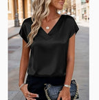 Neue Sommer Damen Mode Blusen Lässig Einfarbig Elegant Damen V-Ausschnitt Kurzarm Hemden Trendy Einfaches Lockeres Damen Satin-Oberteil