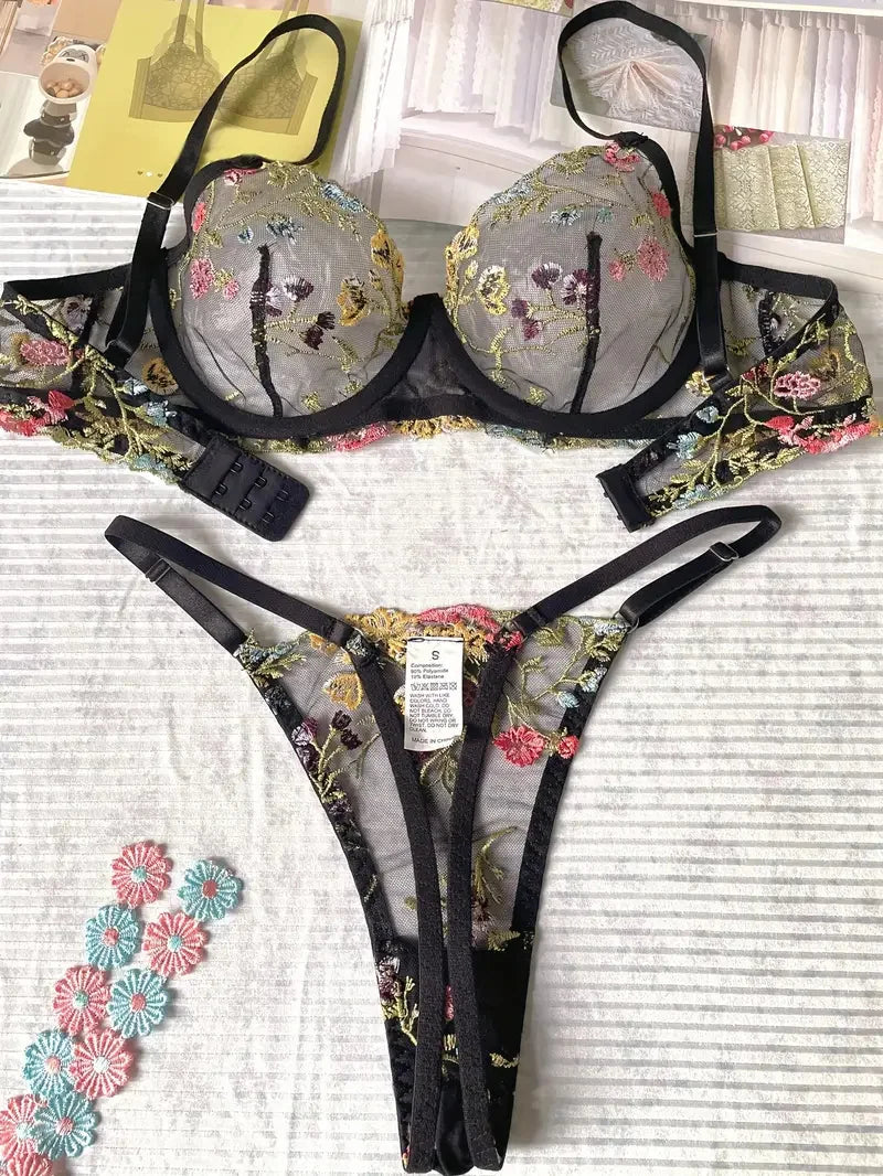Yimunancy Blumenstickerei Dessous-Set Damen transparentes 2-teiliges Boho-BH + Höschen Unterwäsche-Set Intimates
