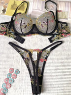 Yimunancy Blumenstickerei Dessous-Set Damen transparentes 2-teiliges Boho-BH + Höschen Unterwäsche-Set Intimates