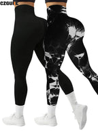 CZGUKE 2-teilige Damen Tie-Dye-Hose Sport Leggings Nahtlos High Waist Push-up Damen Fitness- und Trainingskleidung