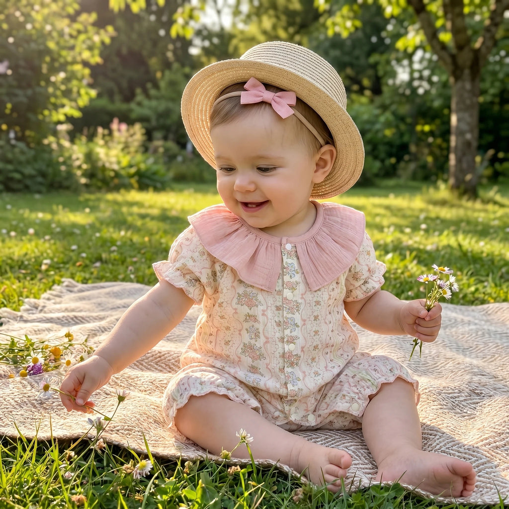 Baby Bodysuit Sommer 2026 Blumendruck Baumwolle Peter-Pan-Kragen Puffärmel Strampler für Mädchen Weiches atmungsaktives Outfit
