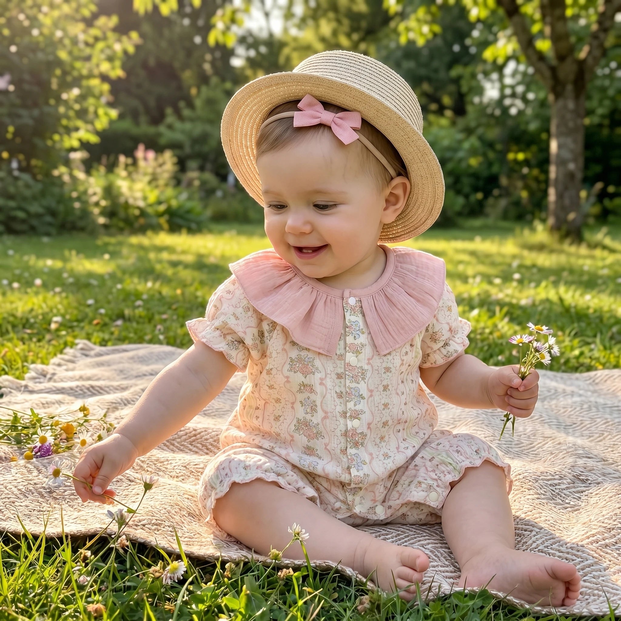 Baby Bodysuit Sommer 2026 Blumendruck Baumwolle Peter-Pan-Kragen Puffärmel Strampler für Mädchen Weiches atmungsaktives Outfit