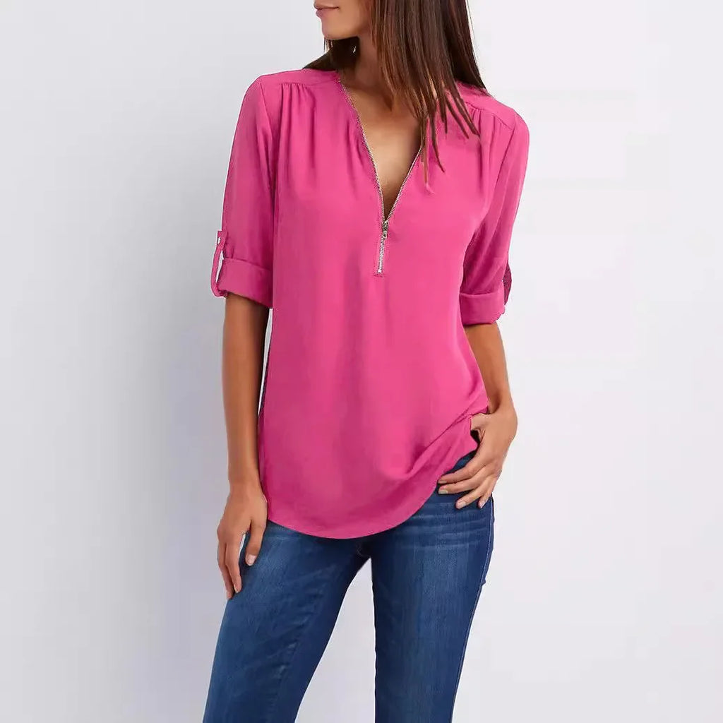 2024 Qualität Heißer Verkauf Plus Size Tiefer V-Ausschnitt Damenbluse Chiffon Coole lockere Hemd Mode Freizeit Damen Tops Sexy Reißverschluss Pullover