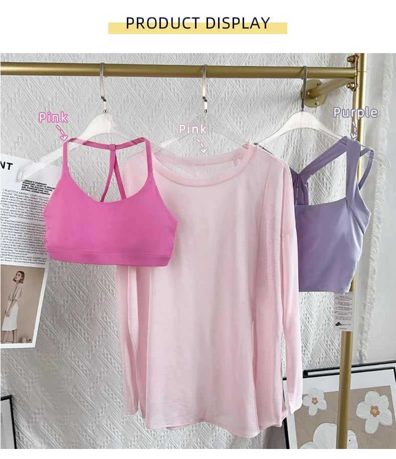 Damen Yoga Shirts Sportoberteile Langarm O-Ausschnitt Atmungsaktives Laufshirt Lockere Fitnesskleidung Gym Sportbekleidung Pilates T-Shirts
