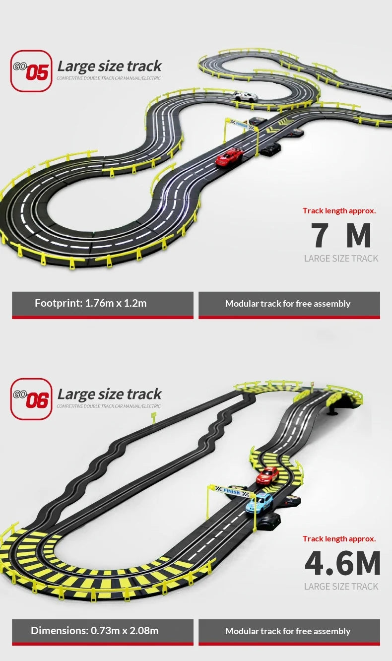 Elektrische ferngesteuerte Slot-Car-Rennbahn, groß, 2 Spieler, wettbewerbsfähig, Dual-Modus, ferngesteuert, einstellbar, Spleißen, Kinder-Erwachsenen-Geschenkset
