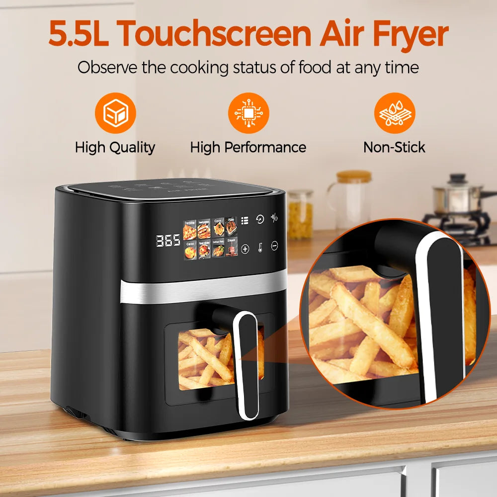 Patbrela 5.5L Heißluftfritteuse 8-in-1, max. 200°C, elektrische Heißluftofen, öllose Fritteuse mit Touch-Steuerung und Antihaftkorb und Sichtfenster