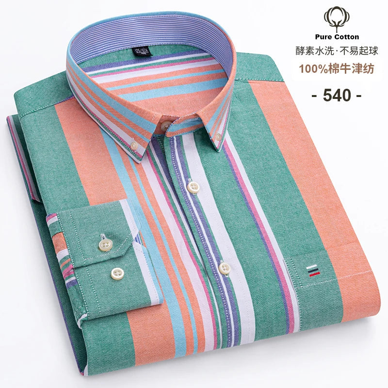 100 % Baumwolle Oxford Herrenhemden Langarm Kariert Weich Regular Fit Festliches Hemd Tasche Sozial Bluse Herrenkleidung S-7XL
