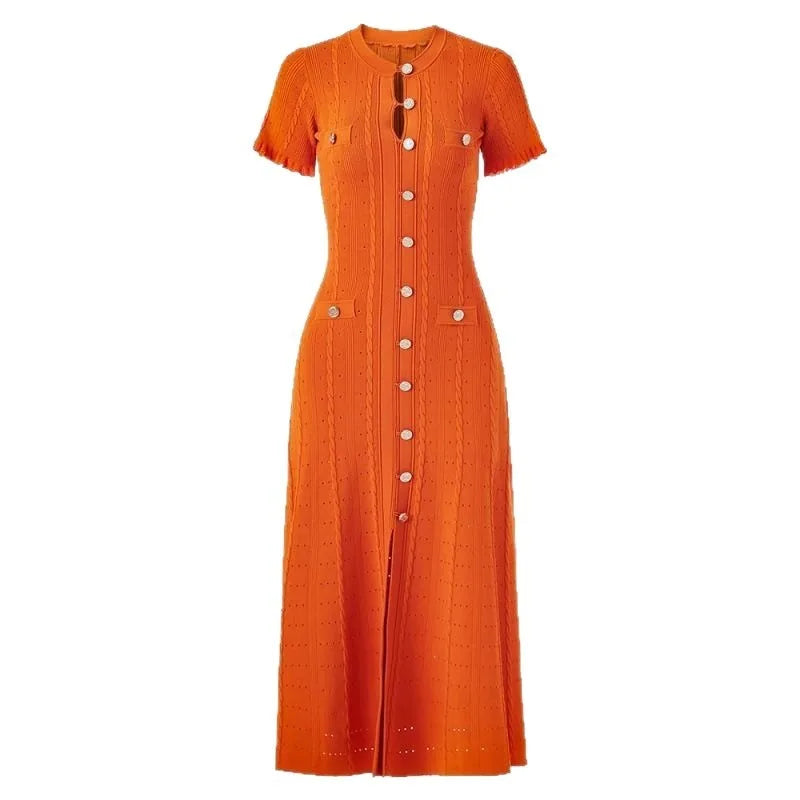 Sommer einfarbig Rundhals Kurzarm Business-Kleid Damen Koreanisch Einreiher Ausgeschnittenes langes Kleid Modetrend