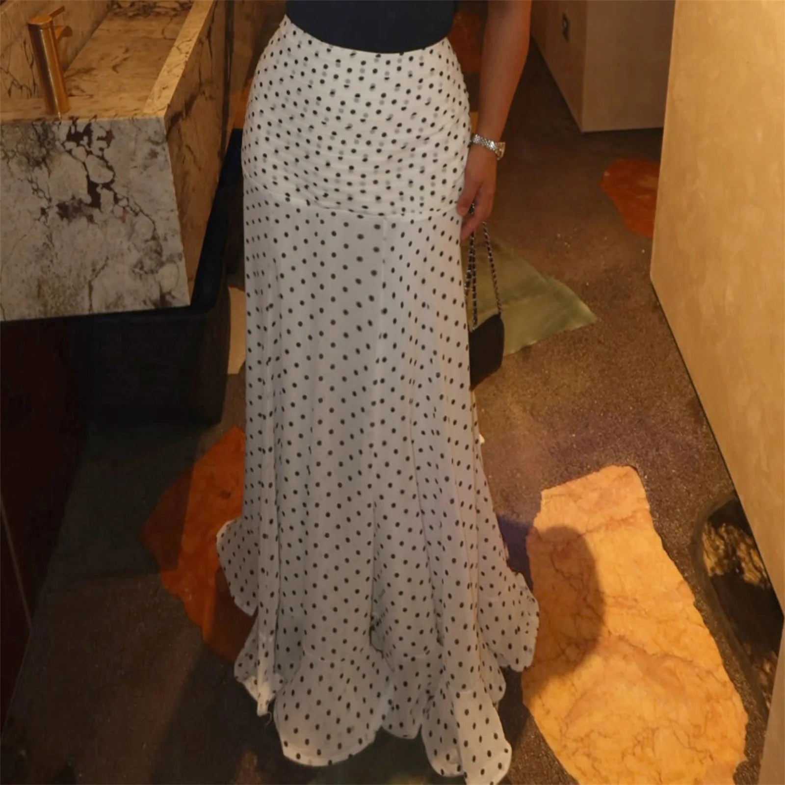 hirigin Tupfen Chiffon-Maxirock Französischer Stil Geraffter Mesh A-Linien-Rock Elegante Maxi-Unterteile Hohe Taille Streetwear Zweitbild