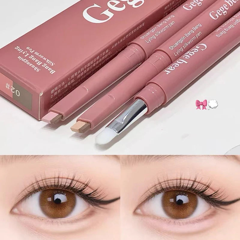 Matter aufhellender Seidenraupen-Stift, Pinkbrauner zweifarbiger Highlighter-Konturschattenstift mit Detail-Verblendpinsel für Augen-Make-up