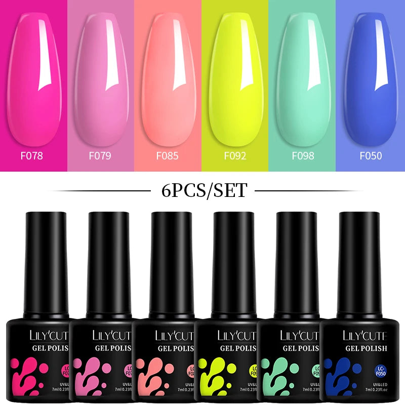 LILYCUTE 7ML 6PCS Neon Gel Nagellack Set fluoreszierend Farbwechsel Semi Permanent Soak Off Maniküre-Kit Nail Art Gel