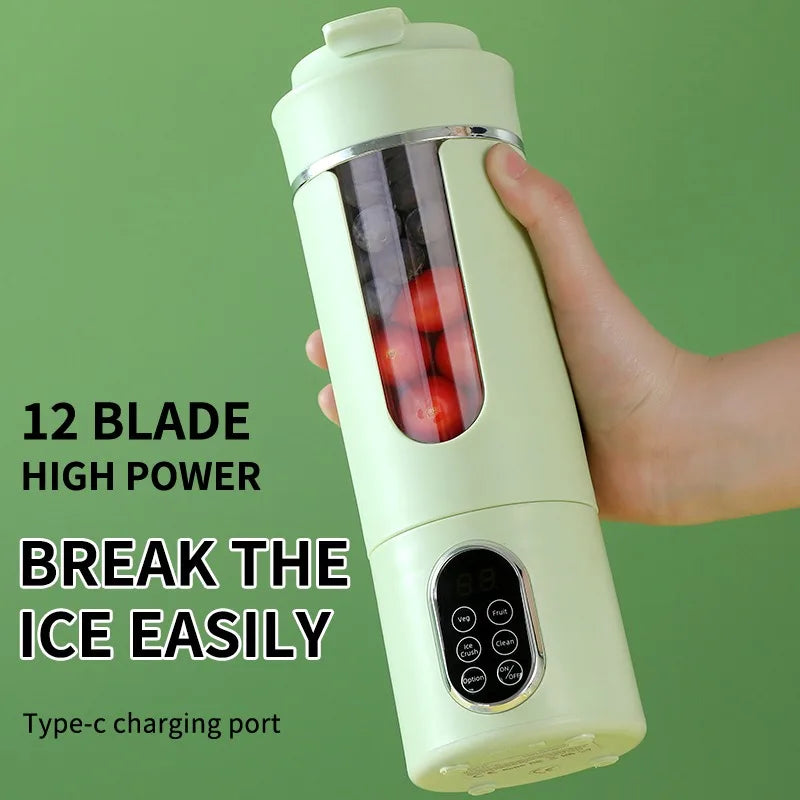 Neuer tragbarer Entsafter 530 ml, kabelloses USB-Laden, zerkleinertes Eis, elektrischer Entsafter, 12 Klingen, 4 Gänge, 7,4 V Mini-Frischsaftmixer