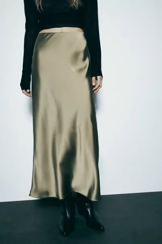ETJ 2025 Damen Frühling neue elegante Mode All-in-One Stretch High-Waist A-Linie Seidensatin Rock in mehreren Farboptionen