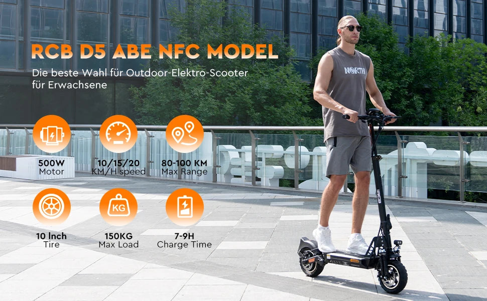 RCB NFC D5 ABE Ultra Electric Scooter for Adults ABE Certified 500W Motor 1600W Peak 27Ah Battery 110-130km Range 10 Inch Self-repairing Tires Double Brake Dual Suspension Turn Signals NFC APP