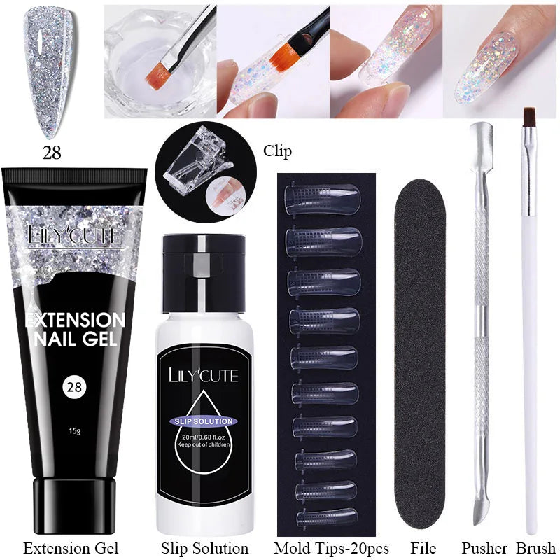 LILYCUTE 15ml Verlängerungsgel-Nagellack-Set Quick Nail Prolong mit Verlängerungsform-Nagelspitzen Acryl-Lösung Maniküre-Werkzeug-Kit