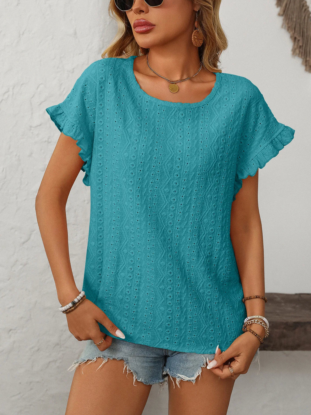Solid Casual Loose Blouses For Women Fashion 2025 Summer Women's Hollow Short Sleeve Shirts And Blouses Elegant Female Blue Tops