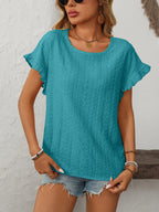 Solid Casual Loose Blouses For Women Fashion 2025 Summer Women's Hollow Short Sleeve Shirts And Blouses Elegant Female Blue Tops