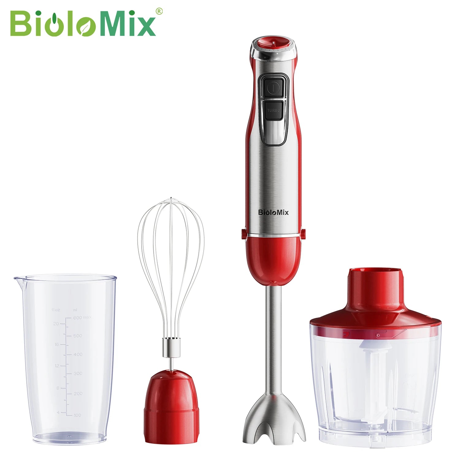 BioloMix 4-in-1 Stabmixer, 1200W Edelstahl - Pürierstab mit Zerkleinerer, Smoothiebecher, Eisklingen für Babynahrung Hauptbild