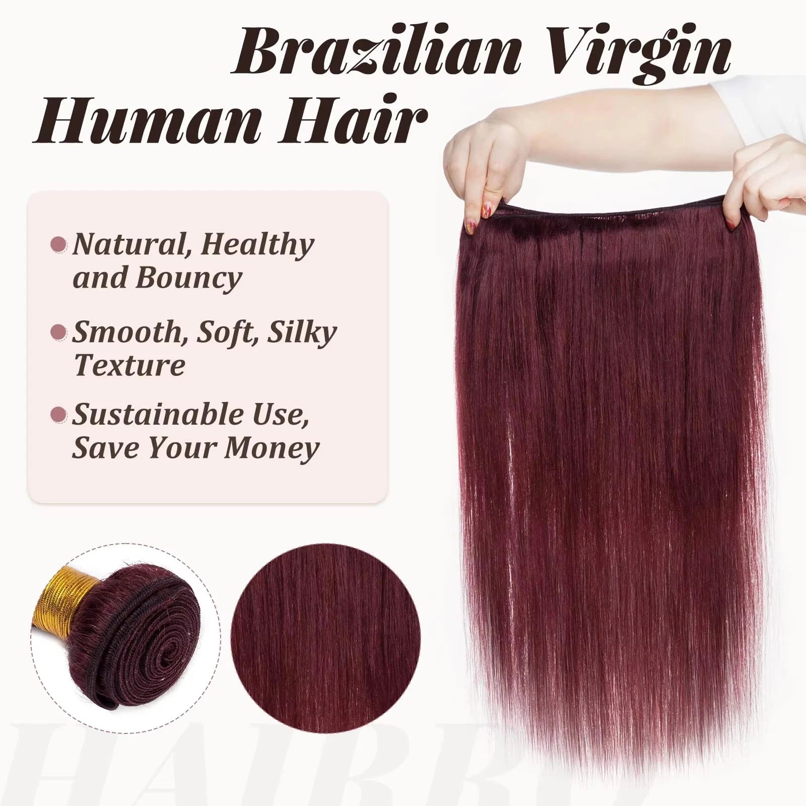 Weinrot #99J Remy Echthaar Weave 16-28 Zoll lang, seidig glatt, unbehandeltes reines brasilianisches Haar, Haartressen-Extensions für Frauen Zweitbild