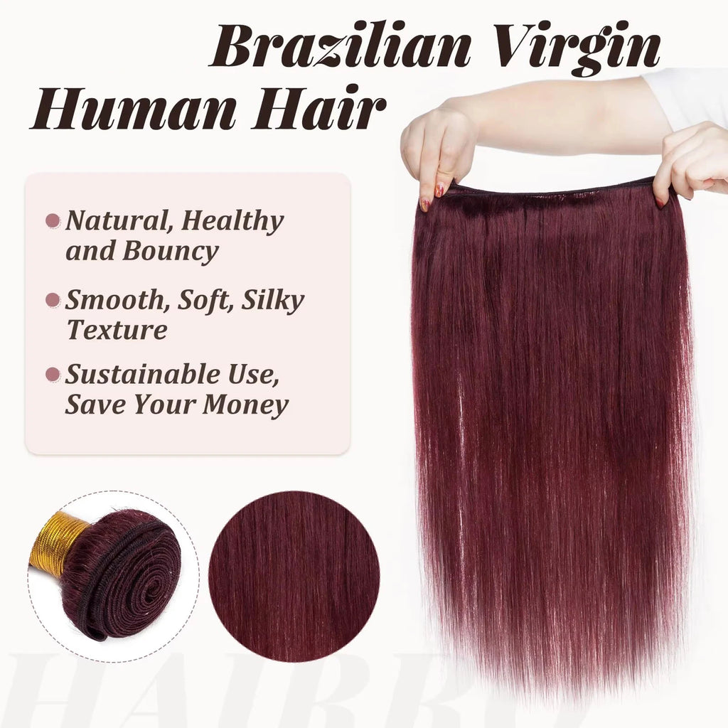 Weinrot #99J Remy Echthaar Weave 16-28 Zoll lang, seidig glatt, unbehandeltes reines brasilianisches Haar, Haartressen-Extensions für Frauen