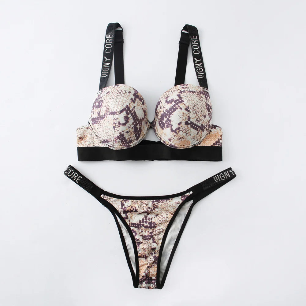 Buchstabe Strass Sport Leopard Sexy Dessous Set Geraffter Push Up Nahtloser BH Set Mode Spurenlose Dünne Fitness Unterwäsche
