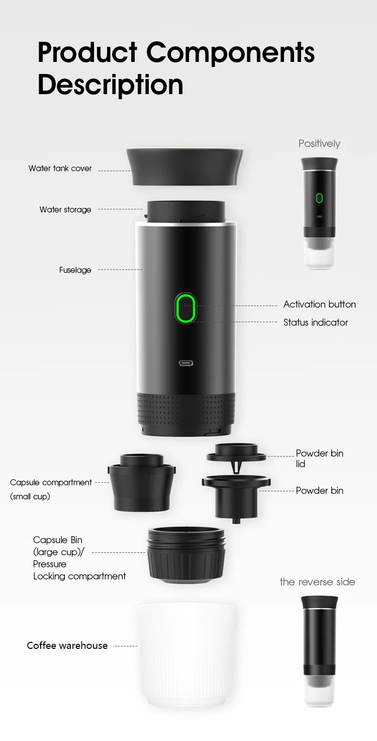 Kabellose elektrische tragbare Espresso-Kaffeemaschine für Auto & Zuhause, Camping-Kaffeemaschine, 3-in-1 Kapsel-Pulver-Reisekaffeemaschine