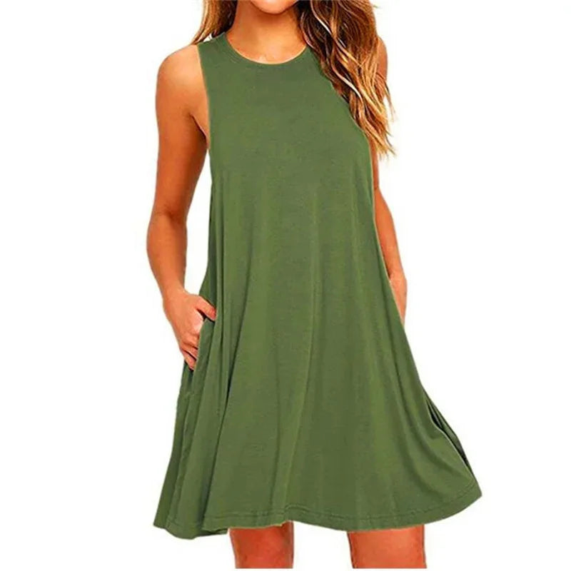 Damenkleid Sommer Freizeit T-Shirt Kleider Strandüberzug Einfarbig Plissee Tanktaschen Kleid