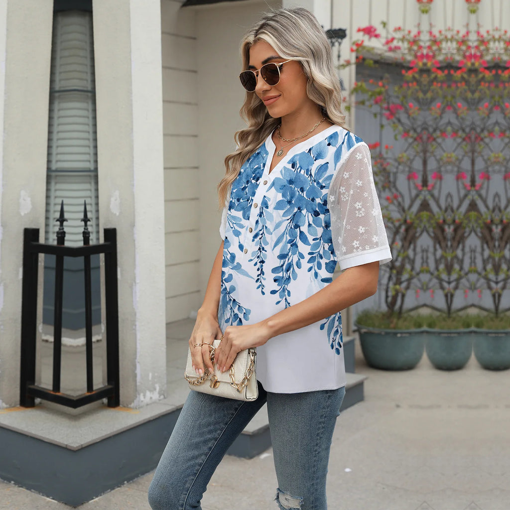 Sommerhemden Damen Spitze Patchwork Kurzarm Bluse Blumendruck Kleidung Mode Street Casual Täglich V-Ausschnitt Knopfleiste Tops 2025